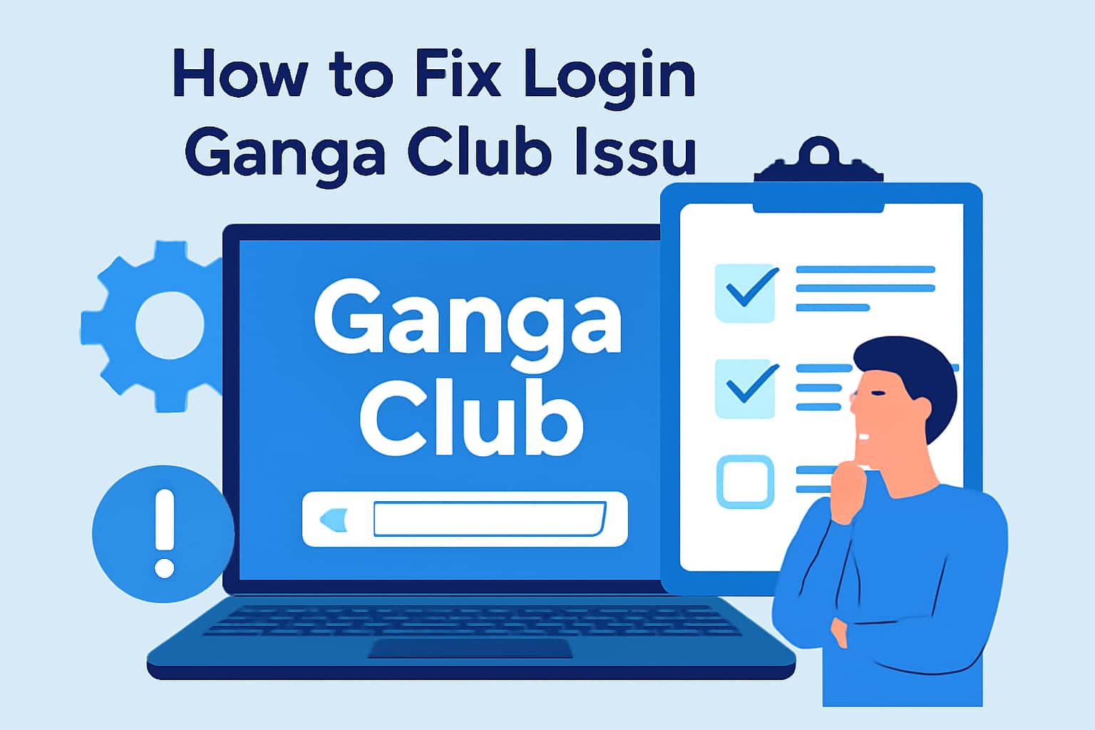 A visual representation showing resolution steps for Ganga Club login issues with a blue theme.
